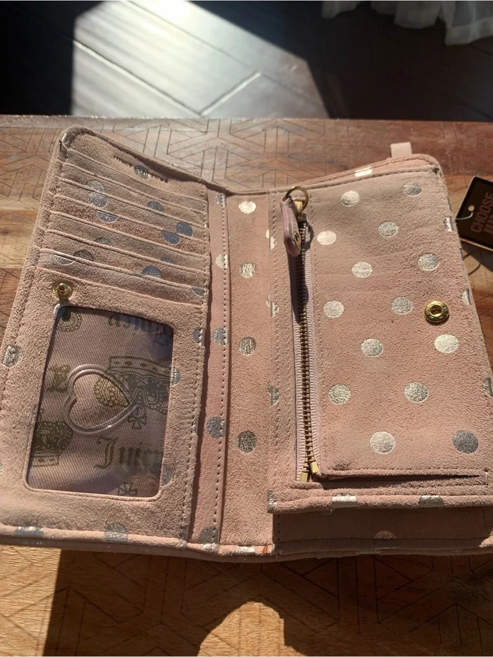 Juicy Couture Blush Pink Polka Dot Wallet with Gold Logo Plate